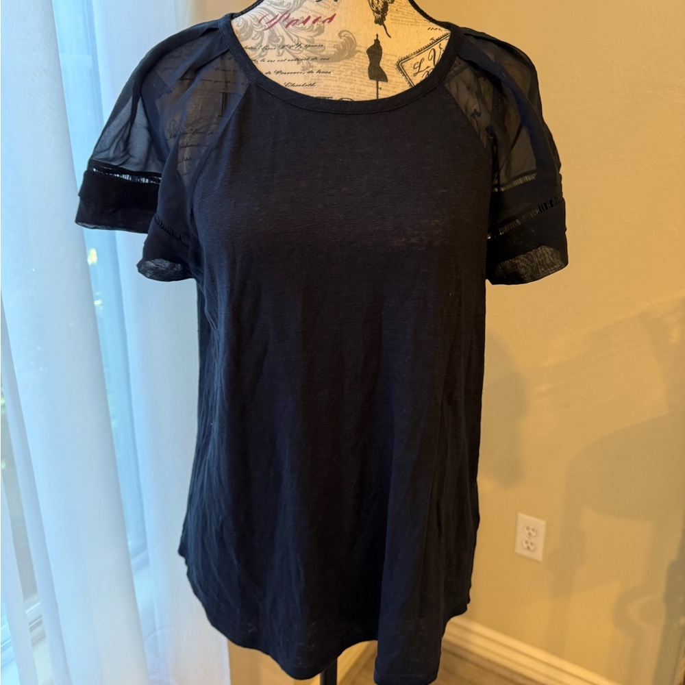 Rebecca Taylor Dark Blue Short Sleeve Top with Sheer Accents